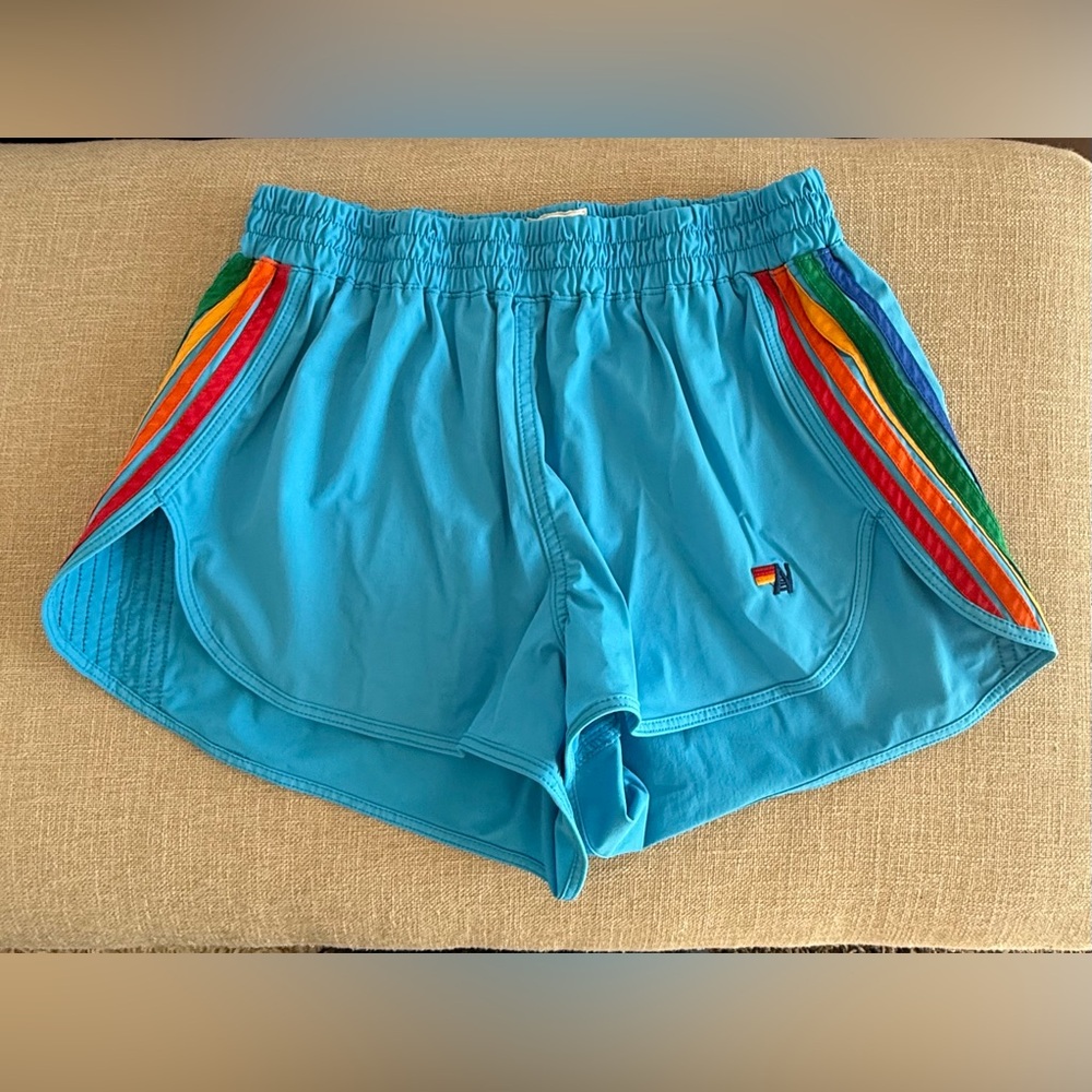 Aviator Nation Blue Shorts with Rainbow Stripes